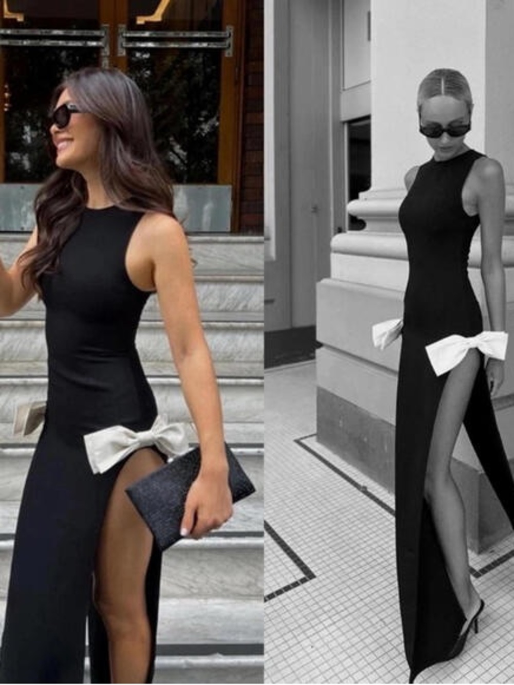 Atoir Black Maxi Dress with White Bow Accent size 10 preowned formal black tie